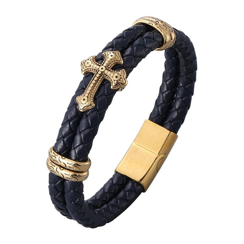 Double Circle Leather Men Bracelet with Cross Charm