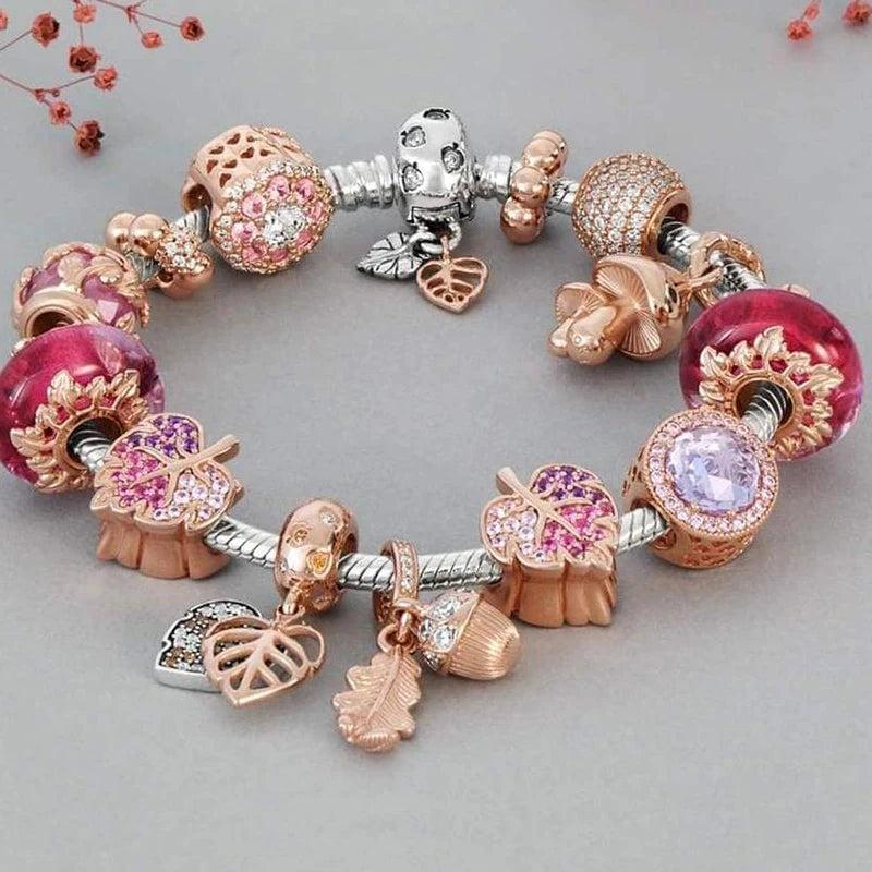 Flower & Maple Leaf Beads Charm Bracelets with Snake Chain for Women