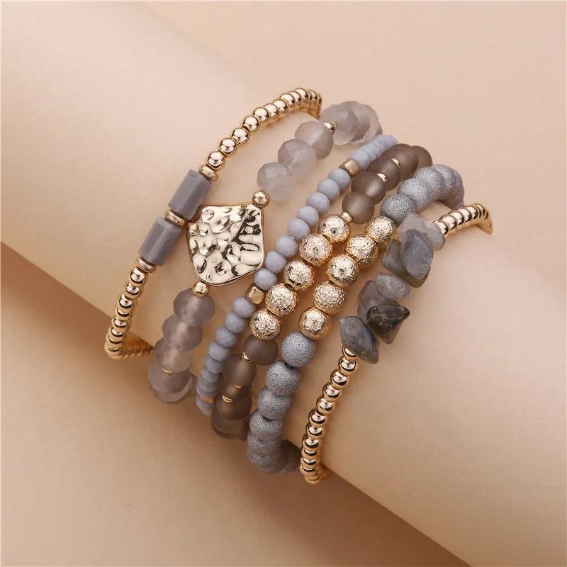 6-Piece Gray Beaded Strand Bracelets Set