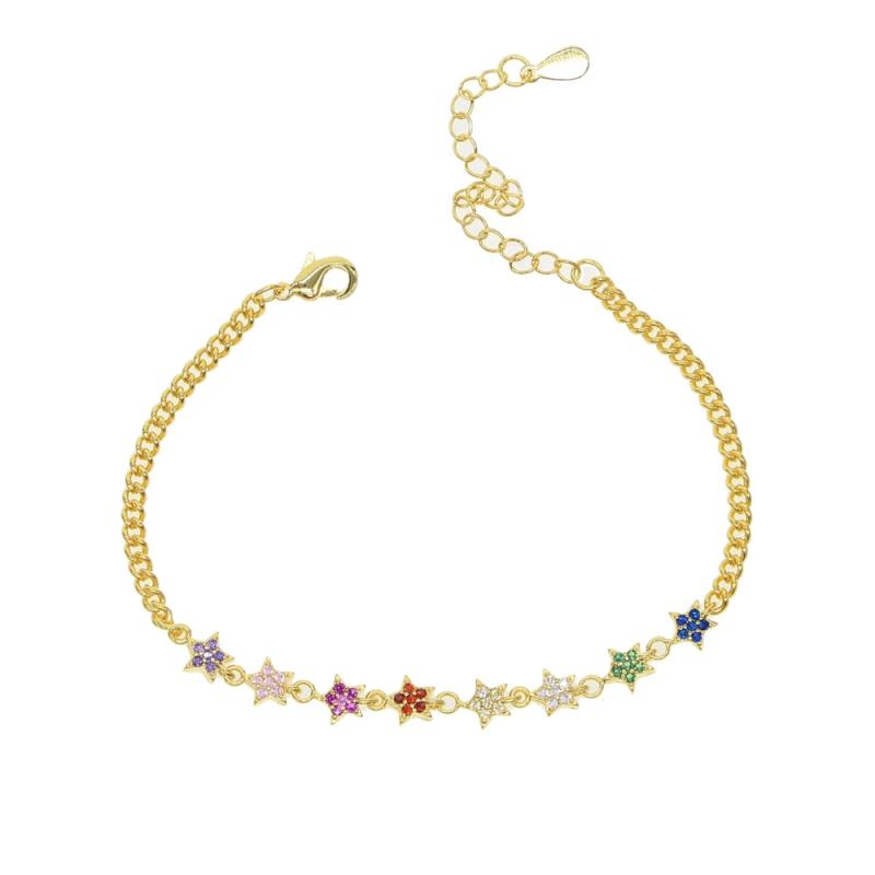 Rainbow Cz Cuban Link Chain Bracelet For Women with Star Charm