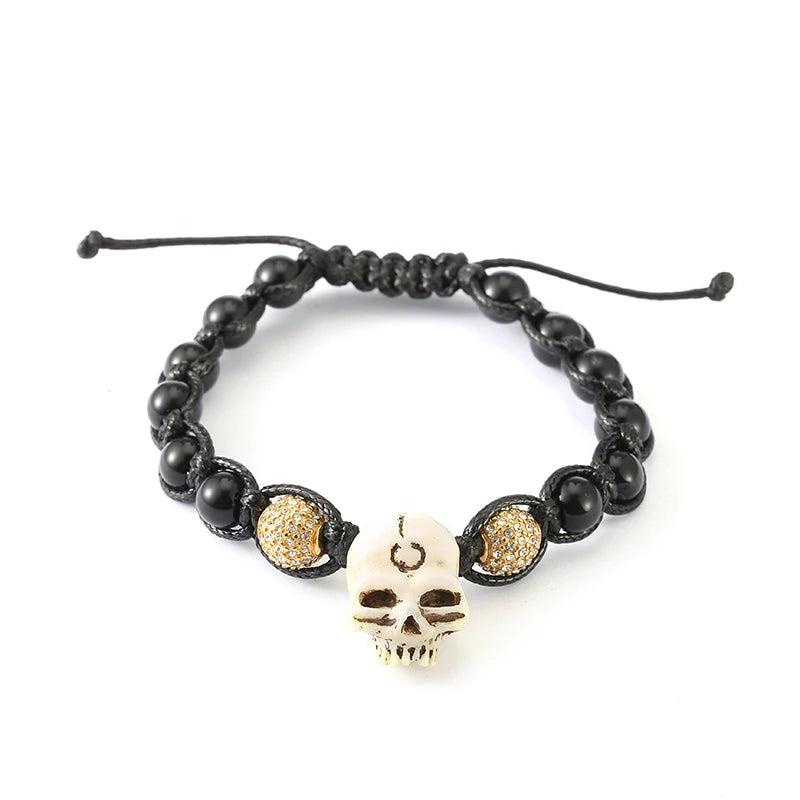 Johnny Hallyday Men's Skull Beads Bracelet Rope Biker Wristband Jewelry