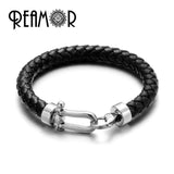 Men Leather Braided Bracelet Stainless Steel Lucky Horseshoe Lobster Clasp