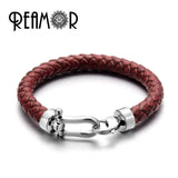 Men Leather Braided Bracelet Stainless Steel Lucky Horseshoe Lobster Clasp