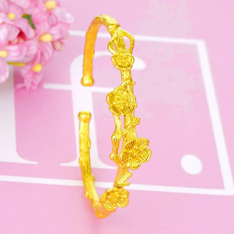 24K Carved Flower Cross Heart Chain Charm Bracelet for Women