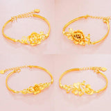 24K Carved Flower Cross Heart Chain Charm Bracelet for Women