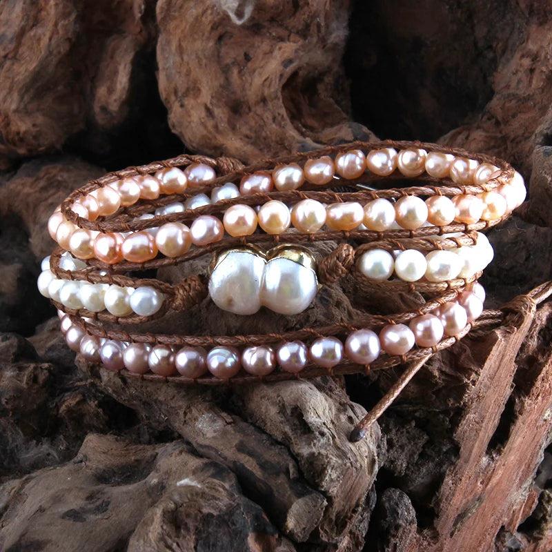 RH Boho Bracelet Pearl Armbander Freshwater Pearl 3 Strands Wrap Bracelets
