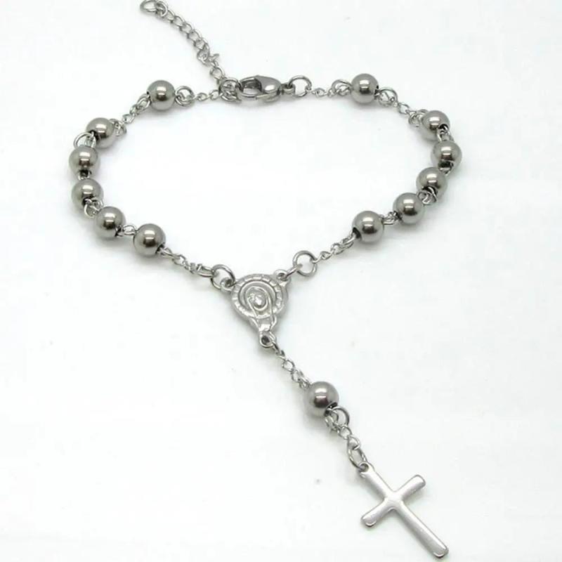 Stainless Steel Rosary Bracelet Women Bead Bracelet With Cross Pendant