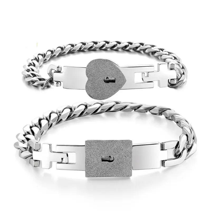 Stainless Steel Lover Heart Love Lock Key Bracelet Set