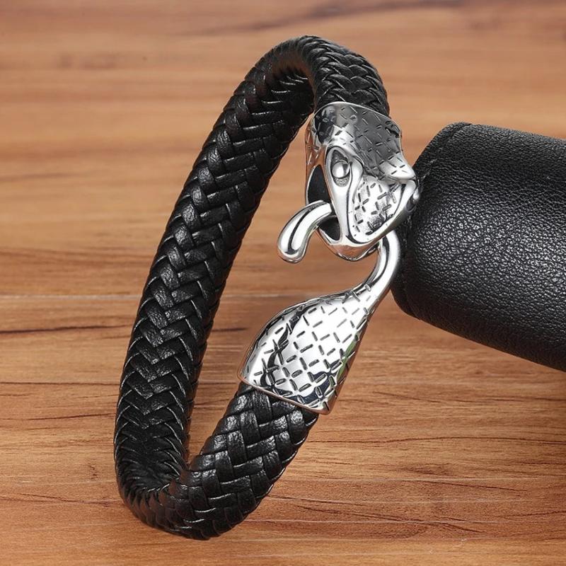 Snake Head Leather Bracelet & Bangle Stainless Steel Men's Lucky Jewelry