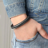 Adjustable Brown Staggered Stitching Men Bracelet Titanium Gift