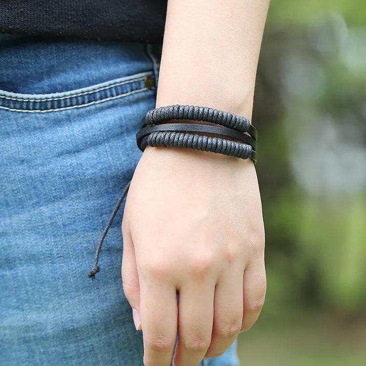Women Men Silver Stainless Steel Leather Bracelets Jewelry Gift