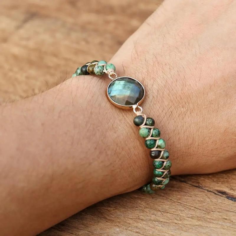 Labradorite African Jasper Braided Bracelet Boho Charm Wrap Bangle