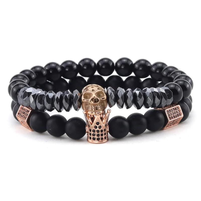 Natural Stone Beads Bracelet with CZ Crown and Skull Charms for Men