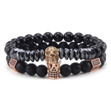 Natural Stone Beads Bracelet with CZ Crown and Skull Charms for Men