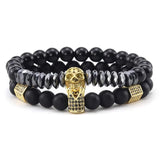 Natural Stone Beads Bracelet with CZ Crown and Skull Charms for Men