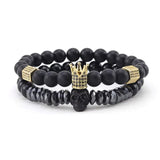 Natural Stone Beads Bracelet with CZ Crown and Skull Charms for Men