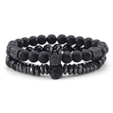 Natural Stone Beads Bracelet with CZ Crown and Skull Charms for Men