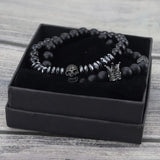 Natural Stone Beads Bracelet with CZ Crown and Skull Charms for Men