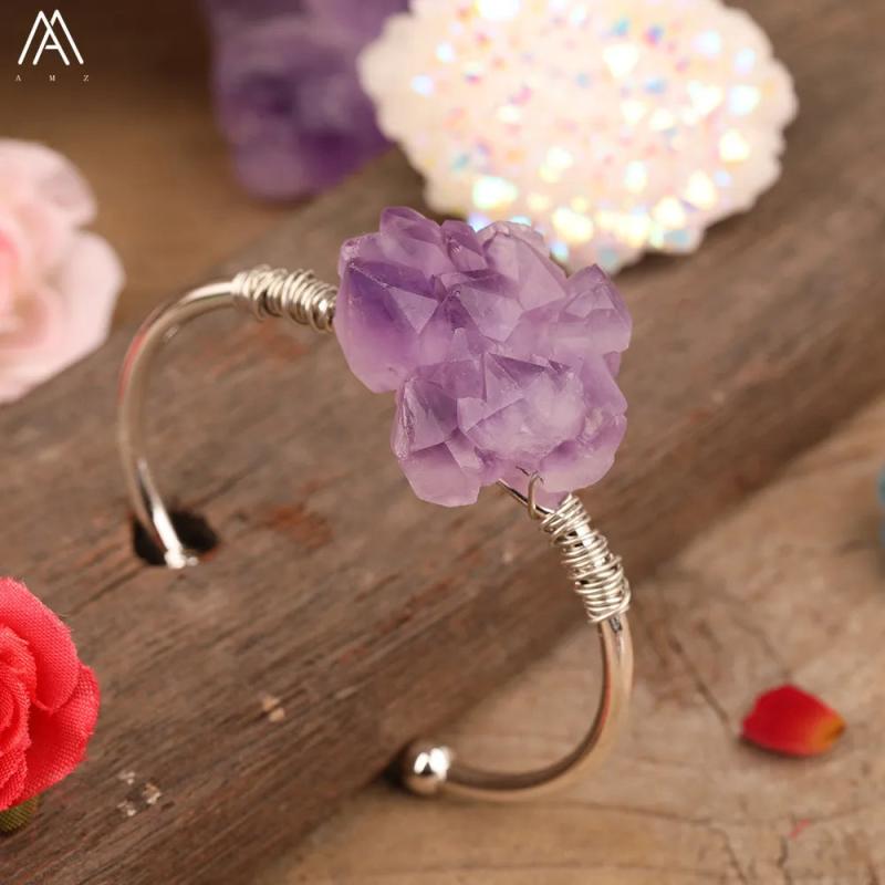 Women Quartz Crystal Cuff Bracelet Amethysts Chunky Beads Bangle