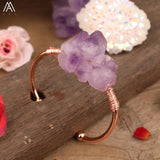 Women Quartz Crystal Cuff Bracelet Amethysts Chunky Beads Bangle
