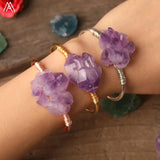 Women Quartz Crystal Cuff Bracelet Amethysts Chunky Beads Bangle