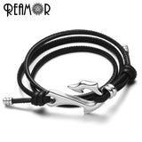 316L SS Fishing Hook Male Charms Bangle with Leather Rope Bracelet