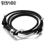 316L SS Fishing Hook Male Charms Bangle with Leather Rope Bracelet