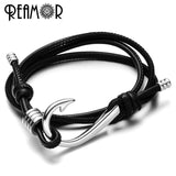 316L SS Fishing Hook Male Charms Bangle with Leather Rope Bracelet