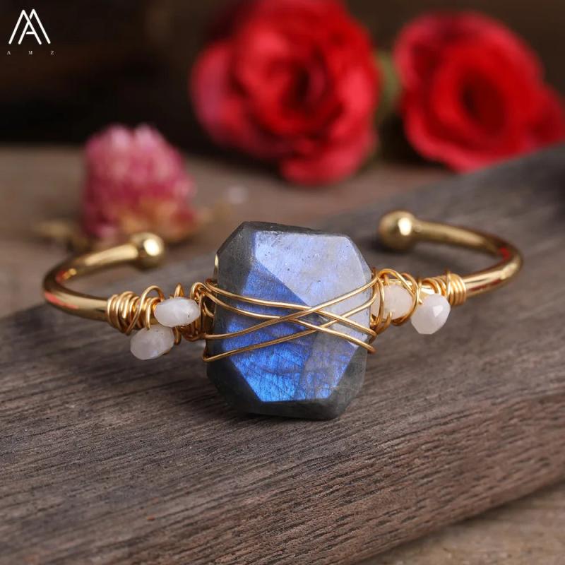 Labradorite Stone Slab Copper Wire Cuff Bracelets