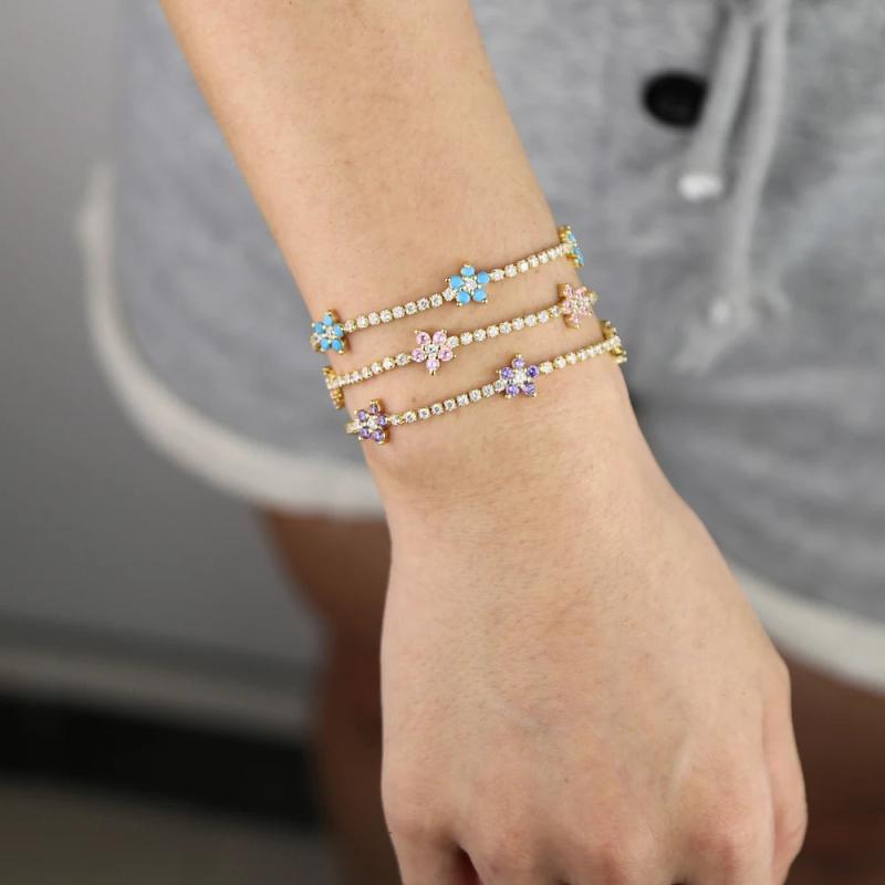 Tennis Chain Bracelet Filled Pink Tophus Purple Flower Romantic