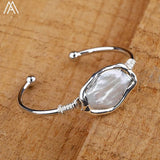 Pearl Beads Open Cuff Bangle Pearl Bracelet Wire Wrapped Copper Bracelet