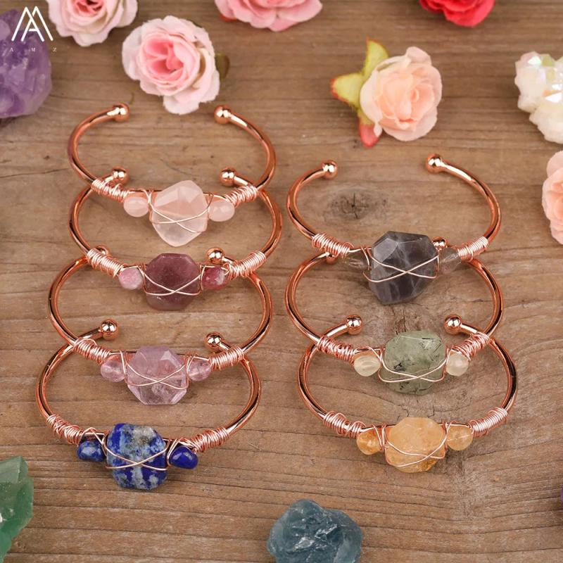 Wire Wrapped Citrine Quartz Chip Beads Cuff Bangle Bracelet