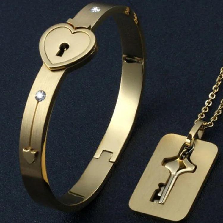 Matching Puzzle Heart Lock Bracelet and Key Pendant Necklace Set