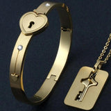 Matching Puzzle Heart Lock Bracelet and Key Pendant Necklace Set