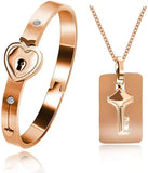 Matching Puzzle Heart Lock Bracelet and Key Pendant Necklace Set