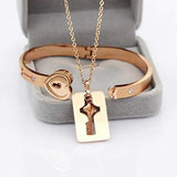 Matching Puzzle Heart Lock Bracelet and Key Pendant Necklace Set