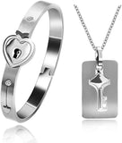 Matching Puzzle Heart Lock Bracelet and Key Pendant Necklace Set