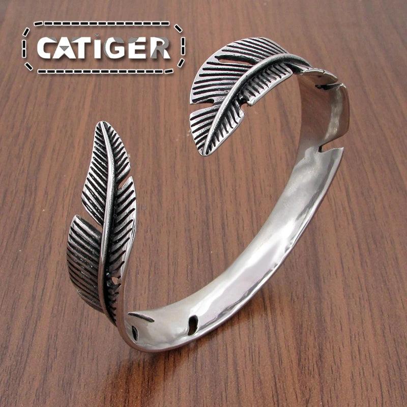 Vintage Feather Open Cuff Bangle Bracelet - Retro Style Rock Jewelry
