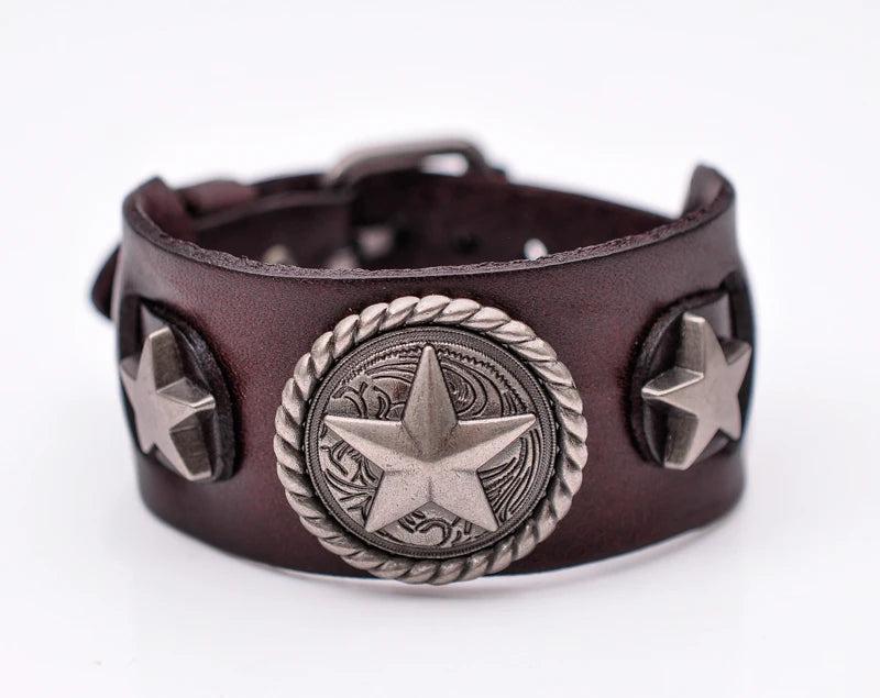 Metal Studded Punk Wide Leather Bracelet Bangle Brown