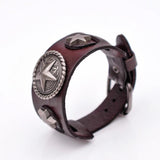 Metal Studded Punk Wide Leather Bracelet Bangle Brown