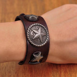 Metal Studded Punk Wide Leather Bracelet Bangle Brown