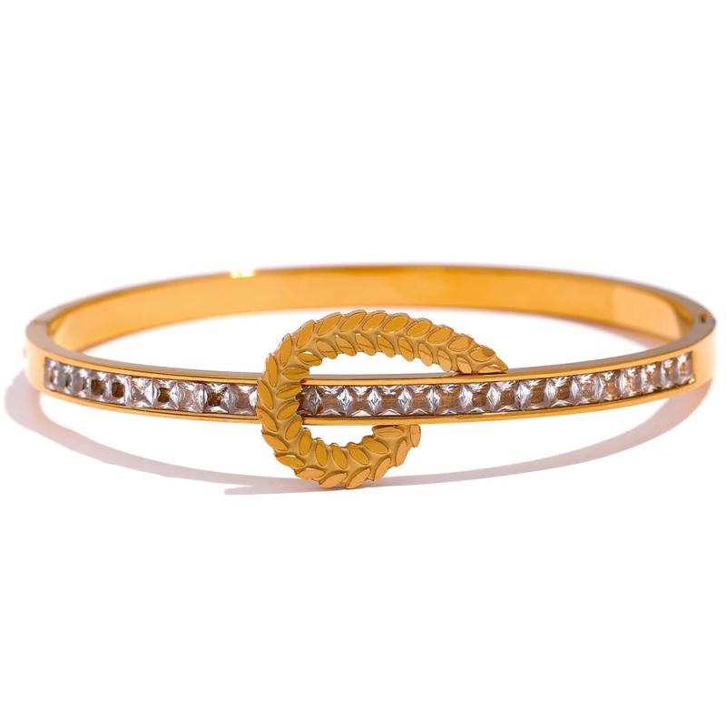 CZ Wheat Stainless Steel Bangle Bracelet 18K Plated