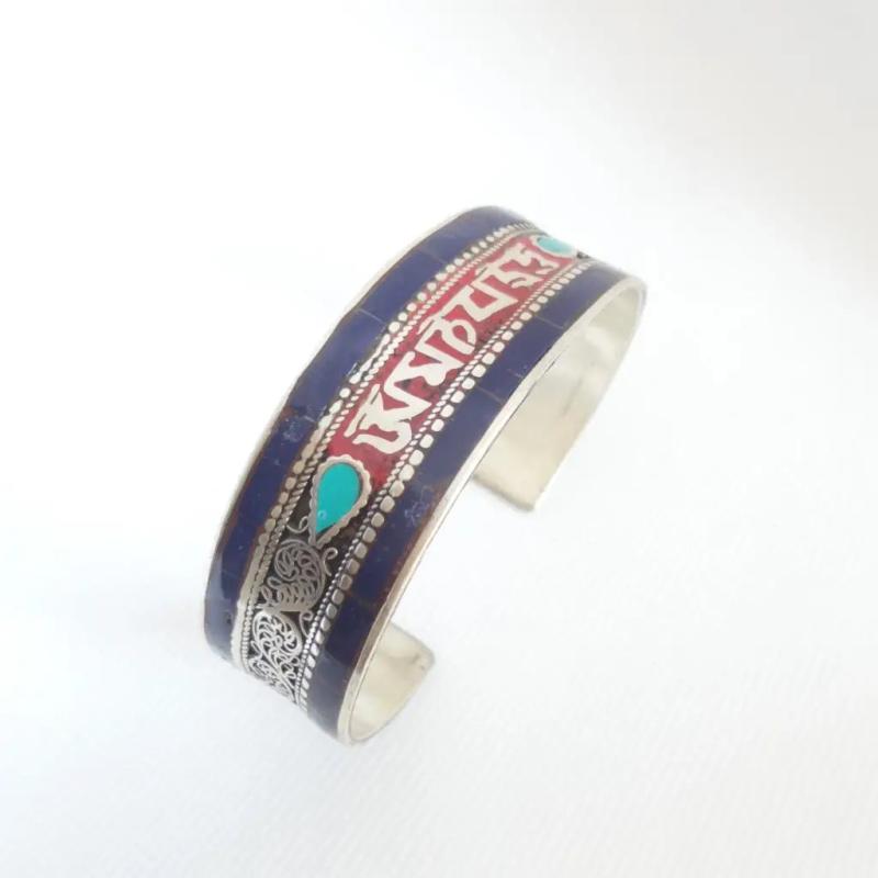 Tibetan Six Words Mantras Amulet Bangles Copper Inlay Colorful Stone Open Cuff