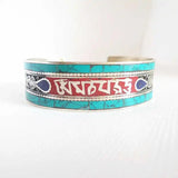 Tibetan Six Words Mantras Amulet Bangles Copper Inlay Colorful Stone Open Cuff