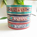 Tibetan Six Words Mantras Amulet Bangles Copper Inlay Colorful Stone Open Cuff