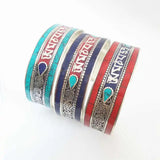Tibetan Six Words Mantras Amulet Bangles Copper Inlay Colorful Stone Open Cuff