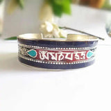Tibetan Six Words Mantras Amulet Bangles Copper Inlay Colorful Stone Open Cuff