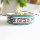 Tibetan Six Words Mantras Amulet Bangles Copper Inlay Colorful Stone Open Cuff
