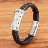 Vintage Chinese Dragon Totem Leather Bracelet Stainless Steel Clasp Mens Bangles