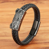 Vintage Chinese Dragon Totem Leather Bracelet Stainless Steel Clasp Mens Bangles